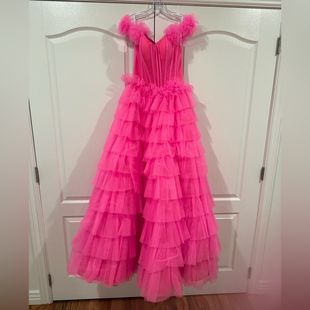 Sherri Hill pink ruffled ball gown.  Size 4.  Worn 1 time. Tulle layers.